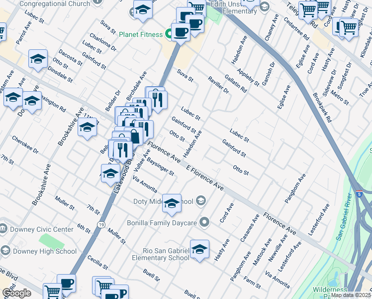 map of restaurants, bars, coffee shops, grocery stores, and more near 10033 Haledon Ave in Downey
