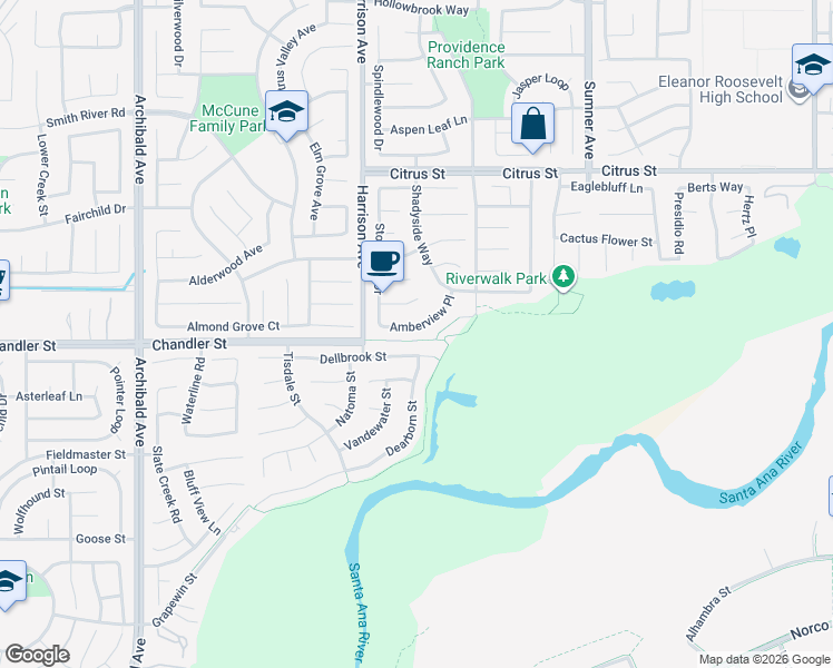 map of restaurants, bars, coffee shops, grocery stores, and more near 13711 Amberview Place in Corona