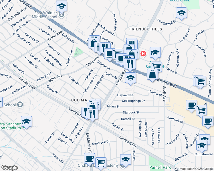 map of restaurants, bars, coffee shops, grocery stores, and more near 14837 Hayward Street in Whittier