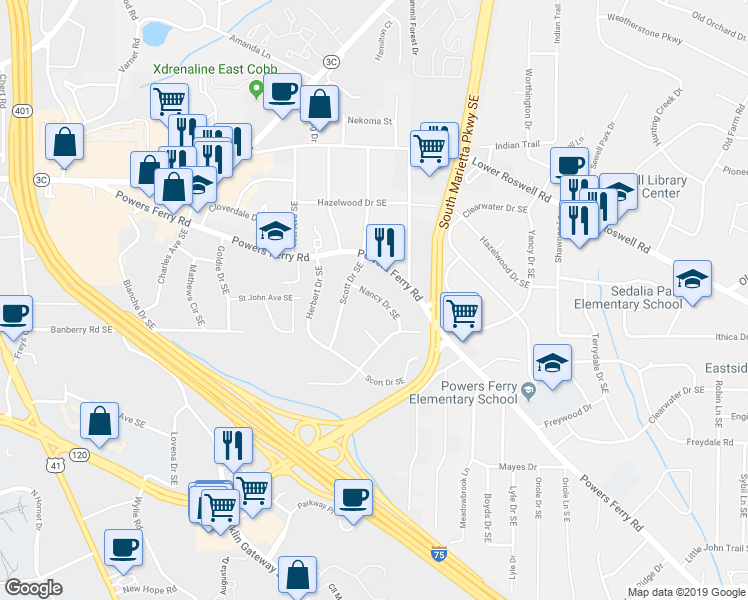 map of restaurants, bars, coffee shops, grocery stores, and more near 176 Nancy Drive Southeast in Marietta