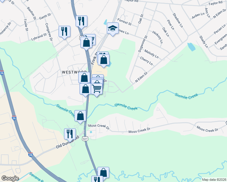 map of restaurants, bars, coffee shops, grocery stores, and more near 119 Russell Road in Cayce