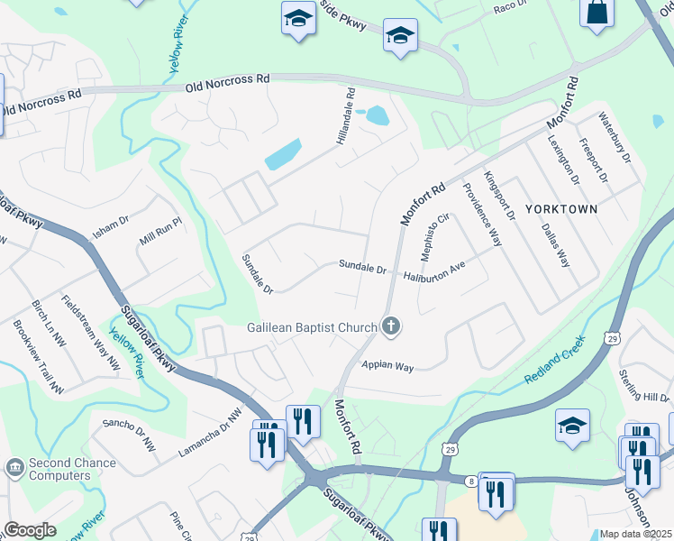 map of restaurants, bars, coffee shops, grocery stores, and more near 1400 Sundale Dr in Lawrenceville