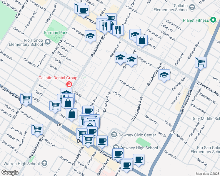map of restaurants, bars, coffee shops, grocery stores, and more near 10547 Downey Ave in Downey