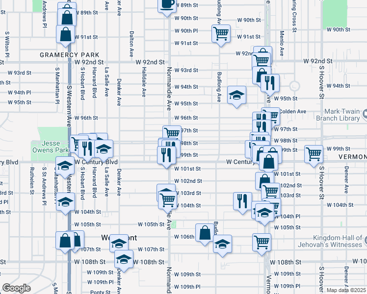map of restaurants, bars, coffee shops, grocery stores, and more near 1326 West 98th Street in Los Angeles