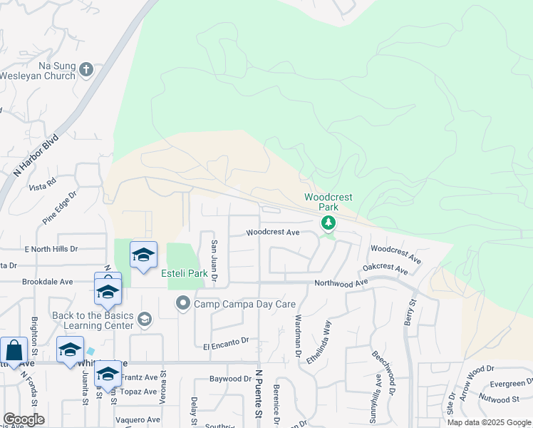 map of restaurants, bars, coffee shops, grocery stores, and more near 1600 North Puente Street in Brea