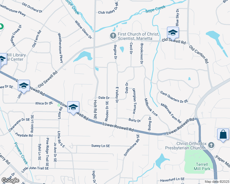 map of restaurants, bars, coffee shops, grocery stores, and more near 280 East Valley Drive in Marietta