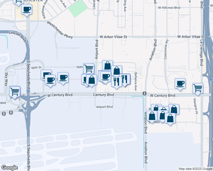 map of restaurants, bars, coffee shops, grocery stores, and more near 5855 West Century Boulevard in Los Angeles