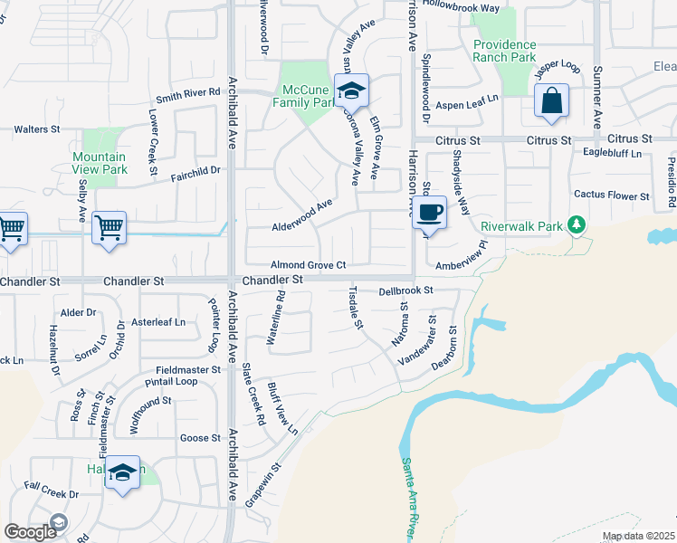 map of restaurants, bars, coffee shops, grocery stores, and more near 13965 Almond Grove Ct in Corona