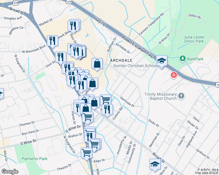 map of restaurants, bars, coffee shops, grocery stores, and more near 170 Gertrude Drive in Sumter