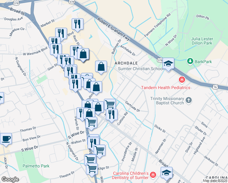 map of restaurants, bars, coffee shops, grocery stores, and more near 170 Gertrude Drive in Sumter