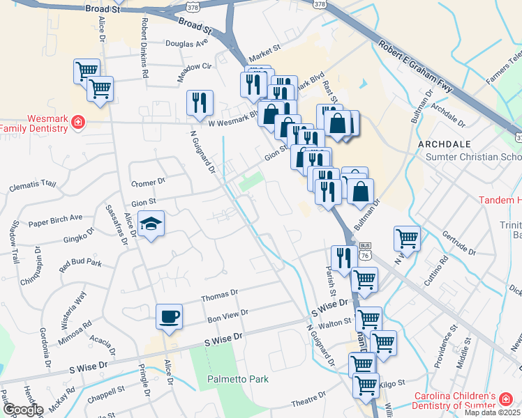 map of restaurants, bars, coffee shops, grocery stores, and more near 25 Althea Circle in Sumter