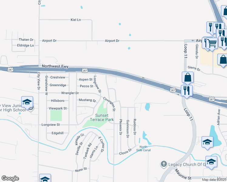 map of restaurants, bars, coffee shops, grocery stores, and more near 1714 Tucson Drive in Wichita Falls