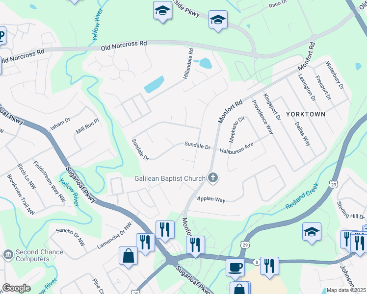 map of restaurants, bars, coffee shops, grocery stores, and more near 1400 Sundale Drive in Lawrenceville