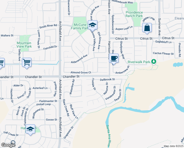 map of restaurants, bars, coffee shops, grocery stores, and more near 13935 Almond Grove Court in Corona