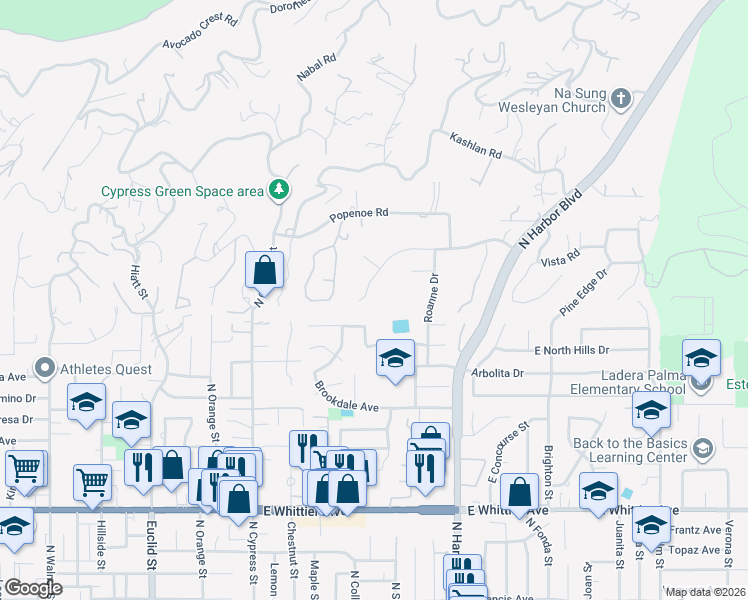 map of restaurants, bars, coffee shops, grocery stores, and more near 1430 Tangelo Lane in La Habra Heights