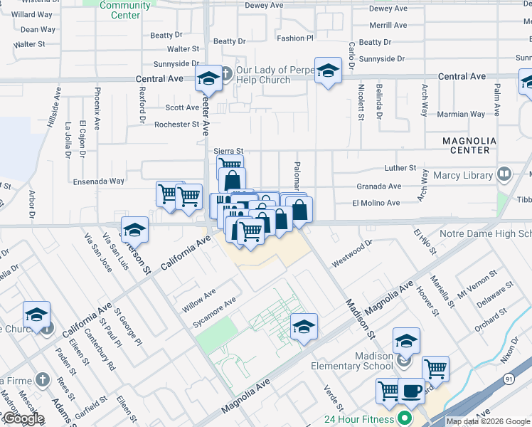map of restaurants, bars, coffee shops, grocery stores, and more near 6974 Capistrano Way in Riverside