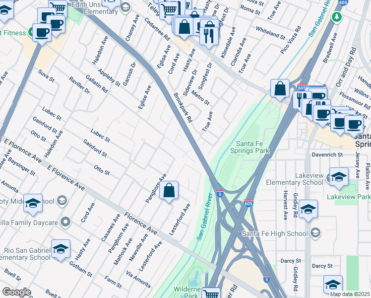 map of restaurants, bars, coffee shops, grocery stores, and more near 9561 Gallatin Road in Downey