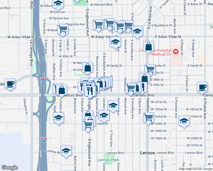 map of restaurants, bars, coffee shops, grocery stores, and more near 1216 South Eucalyptus Avenue in Inglewood