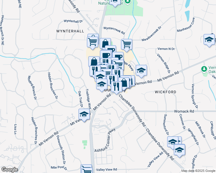 map of restaurants, bars, coffee shops, grocery stores, and more near 5054 Nandina Lane in Dunwoody