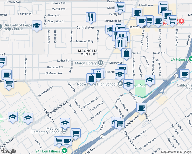 map of restaurants, bars, coffee shops, grocery stores, and more near 7024 Magnolia Avenue in Riverside