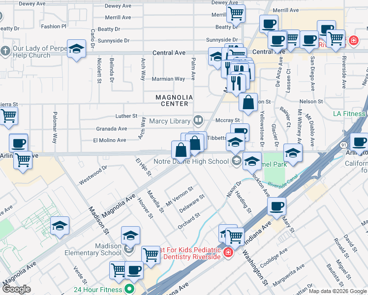 map of restaurants, bars, coffee shops, grocery stores, and more near 7024 Magnolia Avenue in Riverside