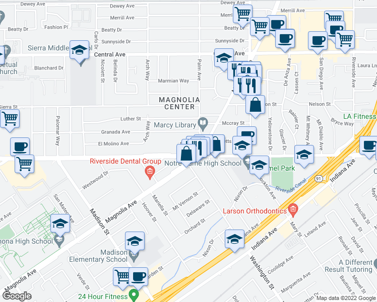 map of restaurants, bars, coffee shops, grocery stores, and more near 7024 Magnolia Avenue in Riverside