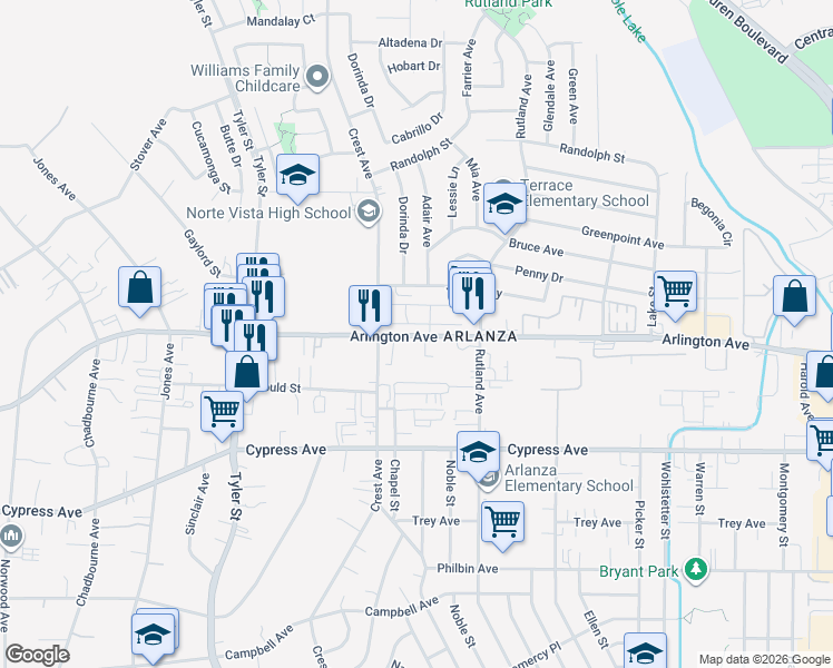 map of restaurants, bars, coffee shops, grocery stores, and more near 9510 Arlington Avenue in Riverside