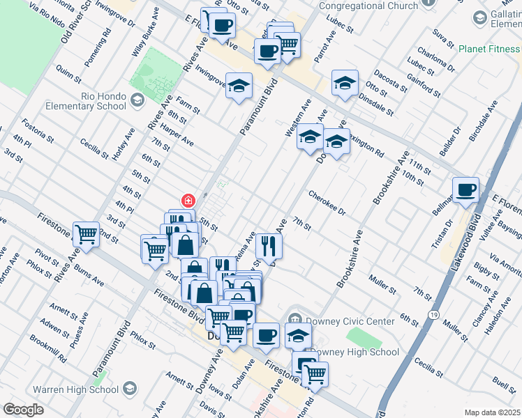 map of restaurants, bars, coffee shops, grocery stores, and more near 10615 La Reina Avenue in Downey