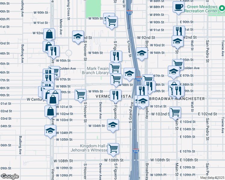 map of restaurants, bars, coffee shops, grocery stores, and more near 9900 South Figueroa Street in Los Angeles