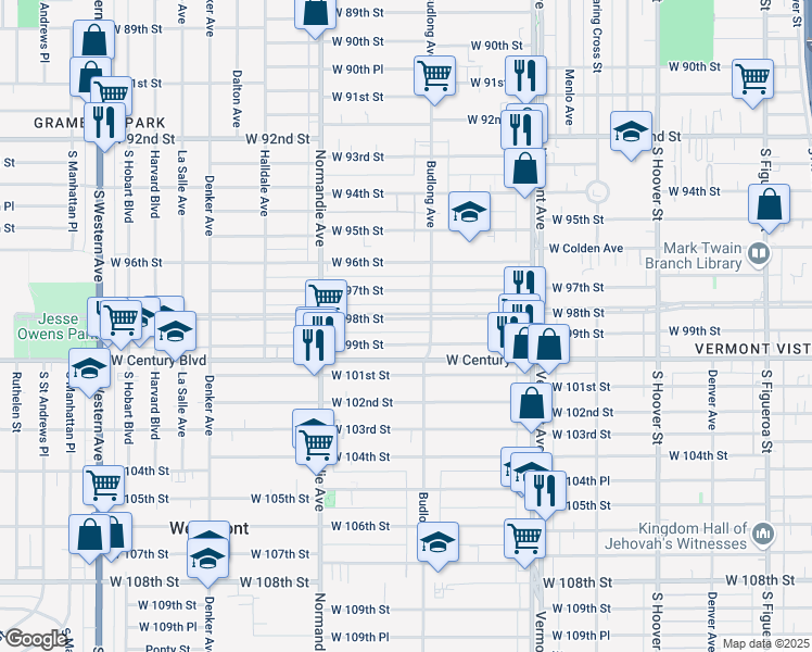 map of restaurants, bars, coffee shops, grocery stores, and more near 1240 West 98th Street in Los Angeles