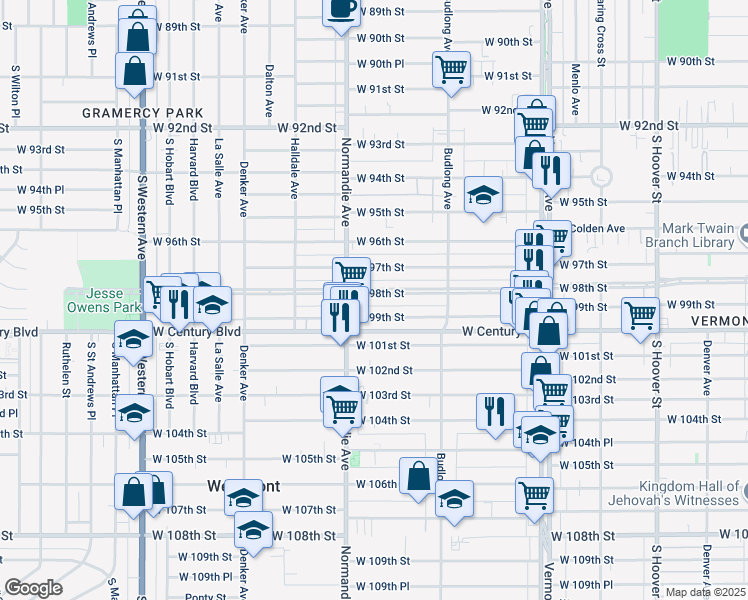 map of restaurants, bars, coffee shops, grocery stores, and more near 1326 West 98th Street in Los Angeles