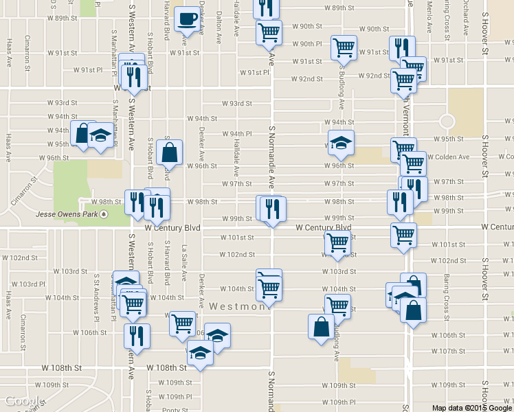 map of restaurants, bars, coffee shops, grocery stores, and more near 9811 Normandie Avenue in Los Angeles