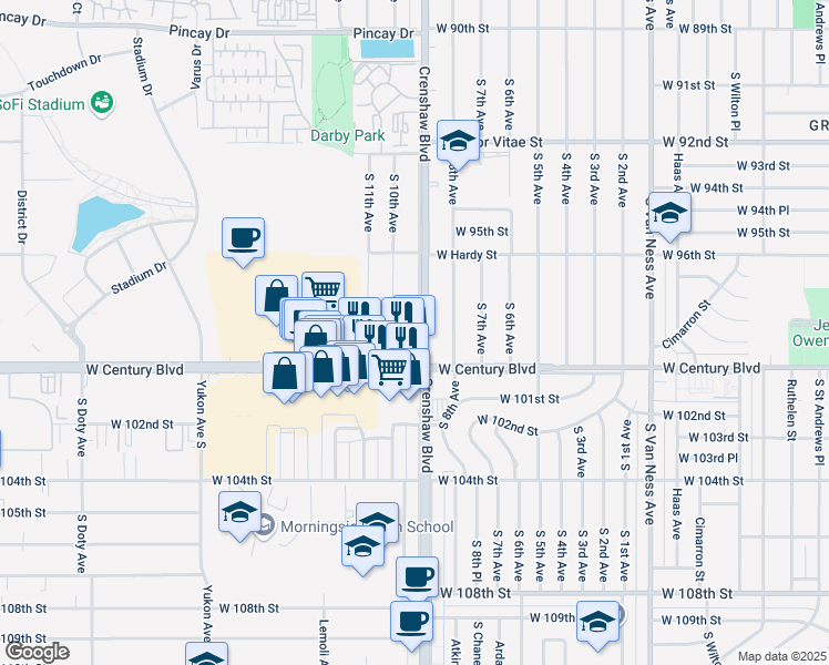 map of restaurants, bars, coffee shops, grocery stores, and more near 3132 West 99th Street in Inglewood