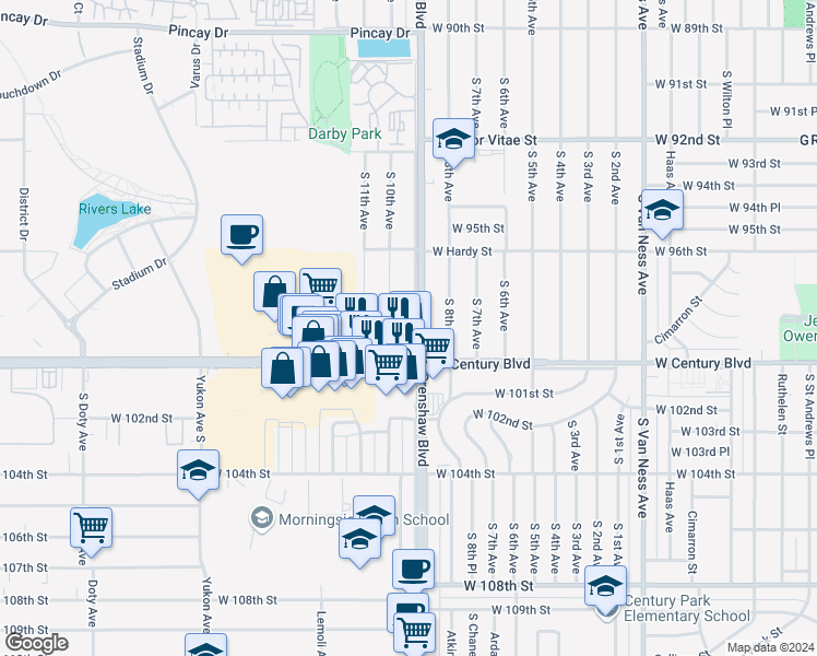 map of restaurants, bars, coffee shops, grocery stores, and more near 3132 West 99th Street in Inglewood