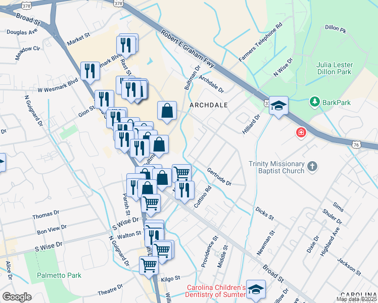 map of restaurants, bars, coffee shops, grocery stores, and more near 170 Gertrude Drive in Sumter