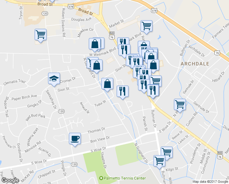 map of restaurants, bars, coffee shops, grocery stores, and more near 1010 Jessamine Trail in Sumter