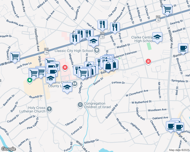 map of restaurants, bars, coffee shops, grocery stores, and more near 1071 Baxter Street in Athens