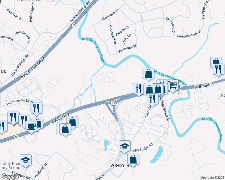 map of restaurants, bars, coffee shops, grocery stores, and more near 60 Tremont Pkwy in Athens