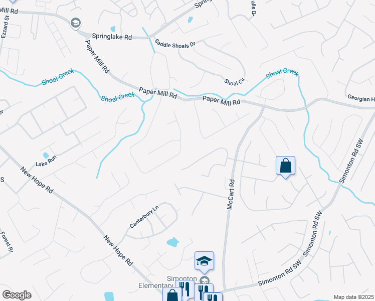 map of restaurants, bars, coffee shops, grocery stores, and more near 1045 Paper Creek Drive Southeast in Lawrenceville