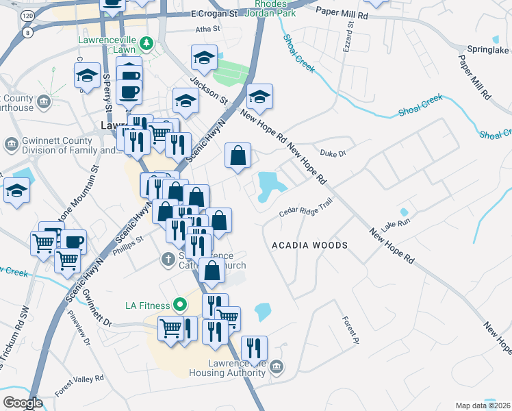 map of restaurants, bars, coffee shops, grocery stores, and more near 150 Applewood Drive in Lawrenceville