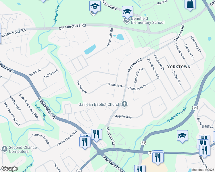 map of restaurants, bars, coffee shops, grocery stores, and more near 1400 Sundale Drive in Lawrenceville