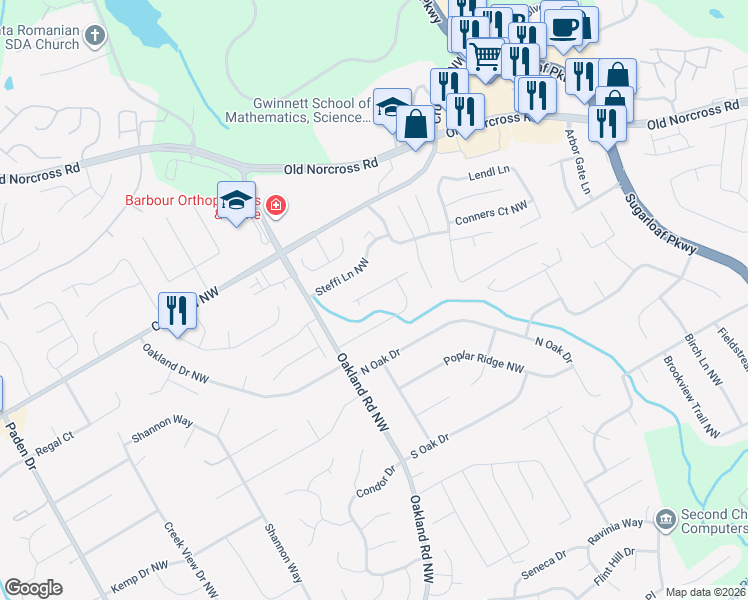 map of restaurants, bars, coffee shops, grocery stores, and more near 2015 Northland Drive Northwest in Lawrenceville