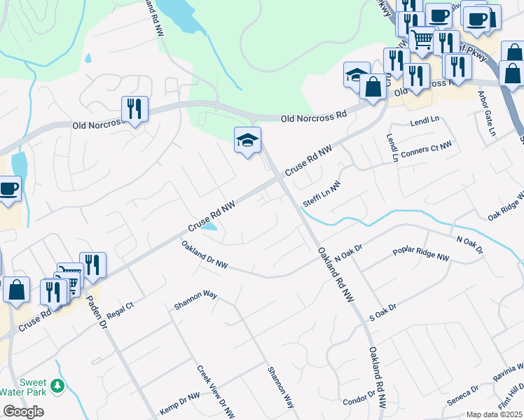 map of restaurants, bars, coffee shops, grocery stores, and more near 2294 Spicy Pine Lane in Lawrenceville