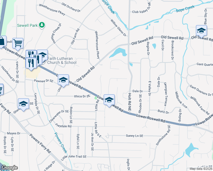 map of restaurants, bars, coffee shops, grocery stores, and more near 222 Lucky Drive in Marietta