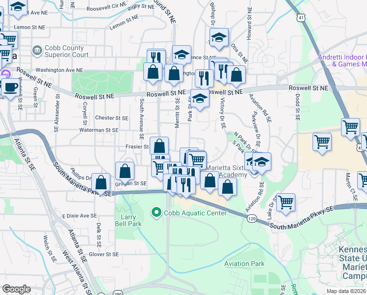 map of restaurants, bars, coffee shops, grocery stores, and more near 639 Frasier Street Southeast in Marietta