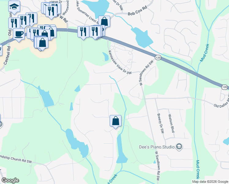 map of restaurants, bars, coffee shops, grocery stores, and more near 287 Creek Court Southwest in Marietta
