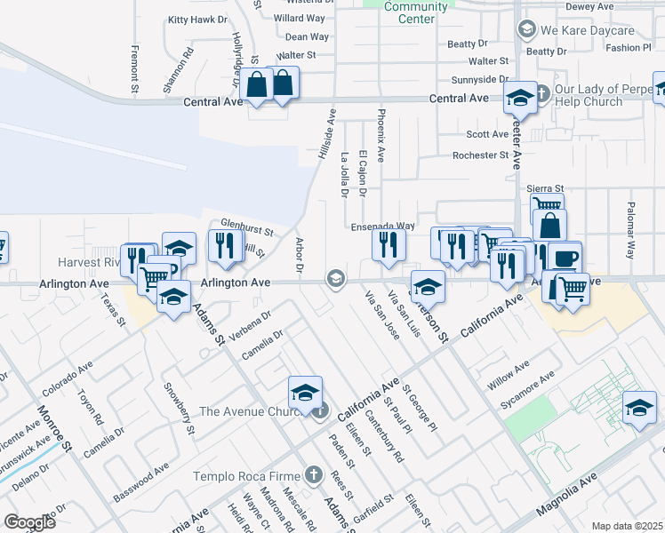 map of restaurants, bars, coffee shops, grocery stores, and more near 6970 Malibu Dr in Riverside