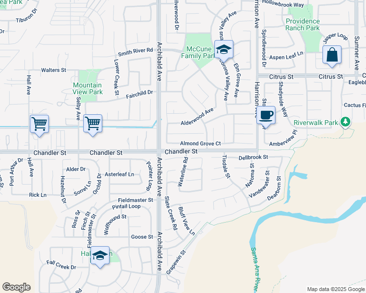map of restaurants, bars, coffee shops, grocery stores, and more near 14105 Almond Grove Court in Corona