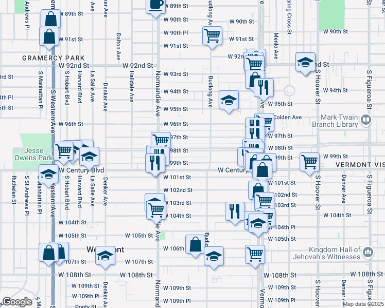 map of restaurants, bars, coffee shops, grocery stores, and more near 1240 West 98th Street in Los Angeles