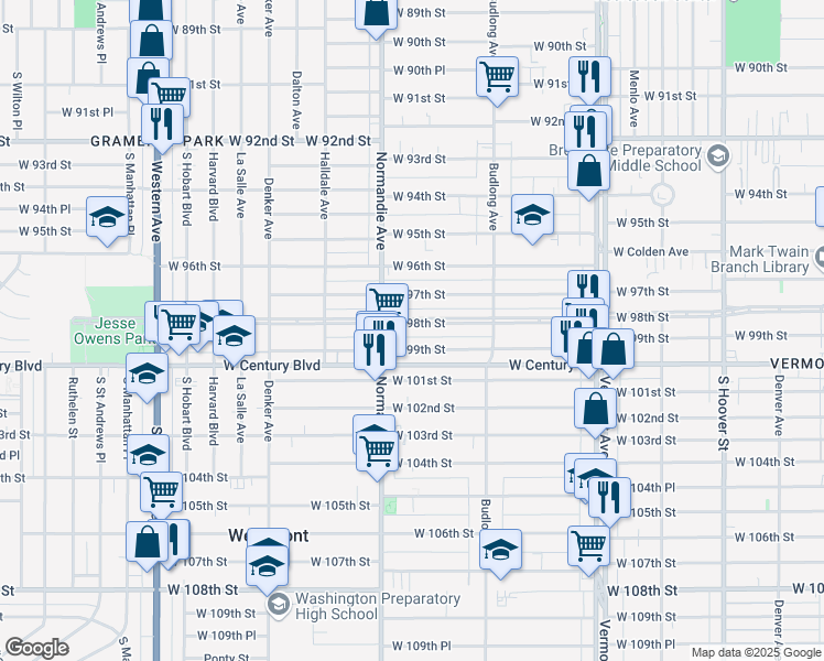 map of restaurants, bars, coffee shops, grocery stores, and more near 1326 West 98th Street in Los Angeles